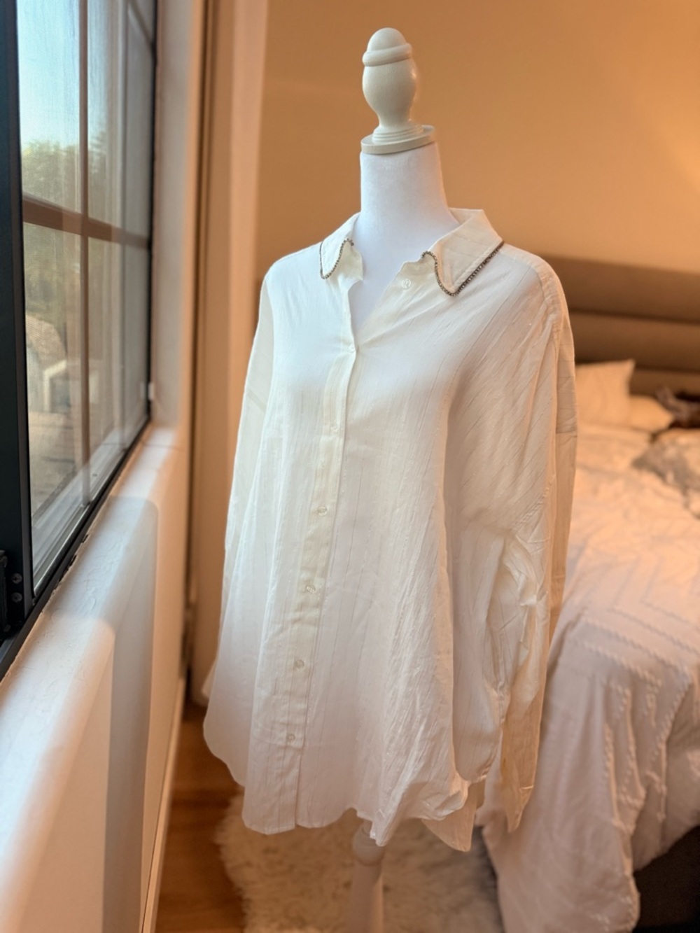 Francesca's Cream Blouse with Rhinestone Collar Trim